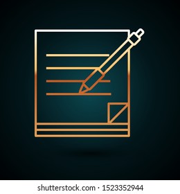 Gold line Blank notebook and pen icon isolated on dark blue background. Paper and pen.  Vector Illustration