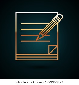 Gold line Blank notebook and pencil with eraser icon isolated on dark blue background. Paper and pencil.  Vector Illustration