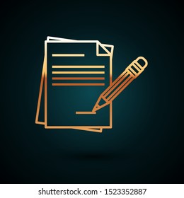 Gold line Blank notebook and pencil with eraser icon isolated on dark blue background. Paper and pencil.  Vector Illustration
