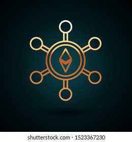Gold line Blockchain technology Ethereum ETH icon isolated on dark blue background. Abstract geometric block chain network technology business.  Vector Illustration