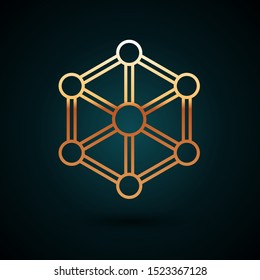 Gold line Blockchain technology icon isolated on dark blue background. Cryptocurrency data. Abstract geometric block chain network technology business.  Vector Illustration
