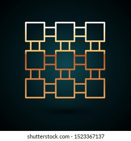 Gold line Blockchain technology icon isolated on dark blue background. Cryptocurrency data. Abstract geometric block chain network technology business.  Vector Illustration