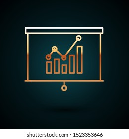 Gold line Board with graph chart icon isolated on dark blue background. Report text file icon. Accounting sign. Audit, analysis, planning.  Vector Illustration