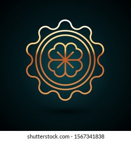 Gold line Bottle cap with four leaf clover icon isolated on dark blue background. Happy Saint Patricks day.  Vector Illustration