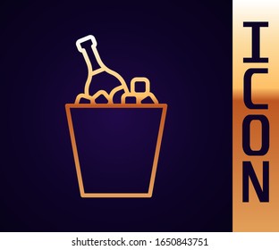 Gold line Bottle of champagne in an ice bucket icon isolated on black background.  Vector Illustration