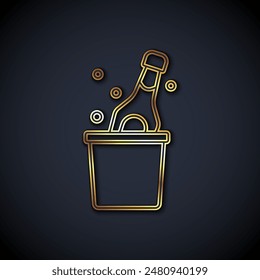 Gold line Bottle of champagne in an ice bucket icon isolated on black background.  Vector