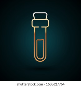 Gold line Bottle with love potion icon isolated on dark blue background. Valentines day symbol.  Vector Illustration