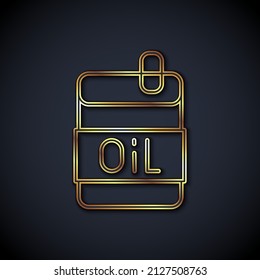 Gold line Bottle of olive oil icon isolated on black background. Jug with olive oil icon.  Vector