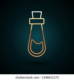 Gold line Bottle with potion icon isolated on dark blue background. Flask with magic potion. Happy Halloween party.  Vector Illustration