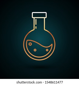 Gold line Bottle with potion icon isolated on dark blue background. Flask with magic potion. Happy Halloween party.  Vector Illustration