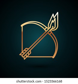 Gold line Bow and fire arrow icon isolated on dark blue background.  Vector Illustration