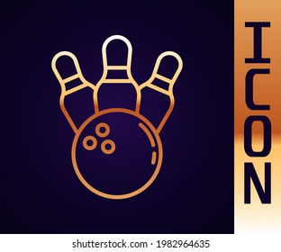 Gold line Bowling pin and ball icon isolated on black background. Sport equipment.  Vector