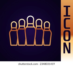 Gold line Bowling pin icon isolated on black background.  Vector