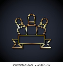 Gold line Bowling pin icon isolated on black background.  Vector