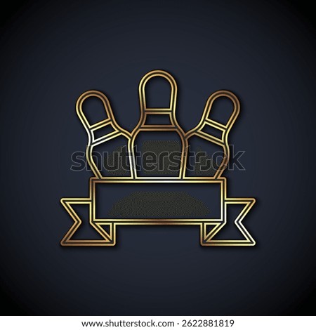 Gold line Bowling pin icon isolated on black background.  Vector