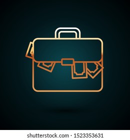 Gold line Briefcase and money icon isolated on dark blue background. Business case sign. Business portfolio.   Vector Illustration