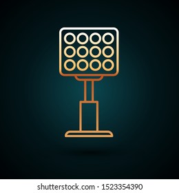 Gold line Bright stadium lights icon isolated on dark blue background. Spotlight on a football field. Floodlight, light projector.  Vector Illustration