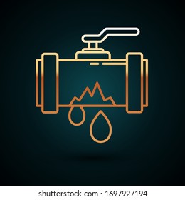 Gold line Broken metal pipe with leaking water icon isolated on dark blue background.  Vector Illustration