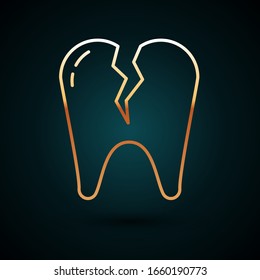 Gold line Broken tooth icon isolated on dark blue background. Dental problem icon. Dental care symbol.  Vector Illustration