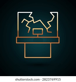 Gold line Broken window icon isolated on dark blue background. Damaged window. Beaten windowpane concept. Vandalism.  Vector