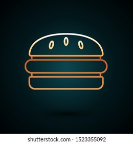 Gold line Burger icon isolated on dark blue background. Hamburger icon. Cheeseburger sandwich sign. Fast food menu.  Vector Illustration