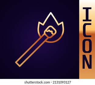 Gold line Burning match with fire icon isolated on black background. Match with fire. Matches sign.  Vector