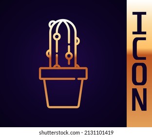 Gold line Cactus peyote in pot icon isolated on black background. Plant growing in a pot. Potted plant sign.  Vector