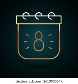 Gold line Calendar with 8 March icon isolated on dark blue background. International Happy Women Day.  Vector