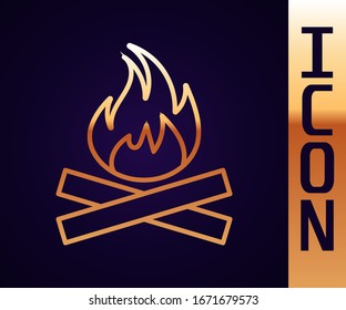 Gold line Campfire icon isolated on black background. Burning bonfire with wood.  Vector Illustration