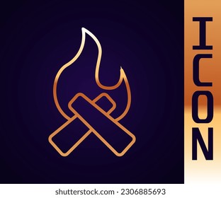 Gold line Campfire icon isolated on black background. Burning bonfire with wood.  Vector