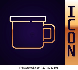 Gold line Camping metal mug icon isolated on black background.  Vector