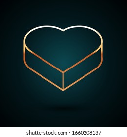 Gold line Candy in heart shaped box and bow icon isolated on dark blue background. Valentines Day.  Vector Illustration