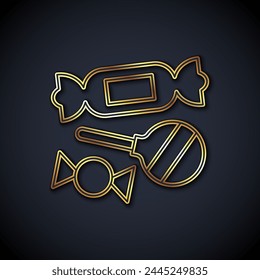 Gold line Candy icon isolated on black background.  Vector