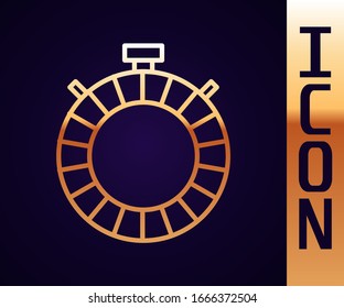 Gold line Canteen water bottle icon isolated on black background. Tourist flask icon. Jar of water use in the campaign.  Vector Illustration