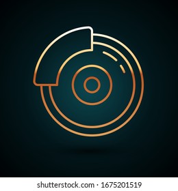 Gold line Car brake disk with caliper icon isolated on dark blue background.  Vector Illustration