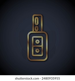 Gold line Car key with remote icon isolated on black background. Car key and alarm system.  Vector