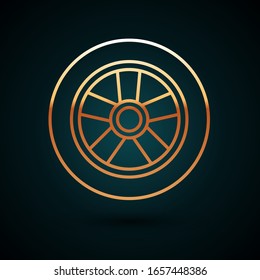 Gold line Car wheel icon isolated on dark blue background.  Vector Illustration