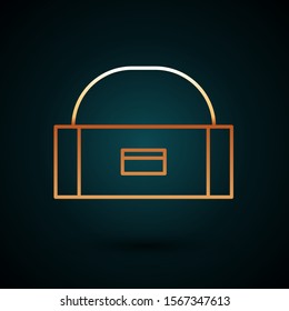 Gold line Case or box container for wobbler and gear fishing equipment icon isolated on dark blue background. Fishing tackle.  Vector Illustration