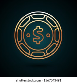 Gold line Casino chip with dollar symbol icon isolated on dark blue background. Casino gambling.  Vector Illustration