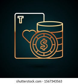 Gold line Casino chip and playing cards icon isolated on dark blue background. Casino poker.  Vector Illustration