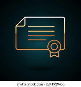 Icono de plantilla de certificado de línea dorada aislado en fondo azul oscuro. Logro, premio, título, subvención, diploma.  Vector