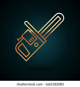 Gold line Chainsaw icon isolated on dark blue background.  Vector Illustration