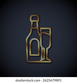 Gold line Champagne bottle with glass icon isolated on black background.  Vector