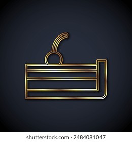 Gold line Cherry cheesecake slice with fruit topping icon isolated on black background.  Vector