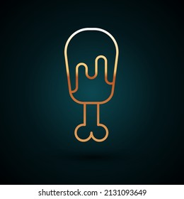 Gold line Chicken leg icon isolated on dark blue background. Chicken drumstick.  Vector