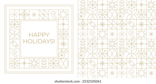 Linha de ouro cartão de saudação de Natal e padrão contínuo. Feliz Natal Feliz Ano Novo quadro linear e fundo geométrico com ícones. Ouro de luxo em grade de linha branca, xadrez, desenho de patchwork.