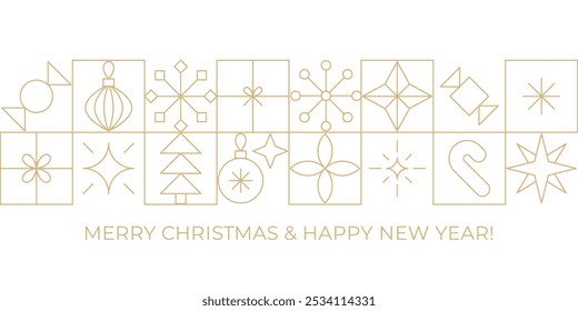 Tarjeta de felicitación de Navidades de línea dorada. Navidades alegres geométricas y Anuncio blanco y oro del año Nuevo feliz con los iconos lineales. Diseño de borde de tarjeta de rejilla de retazos de adornos festivos de oro minimalistas.