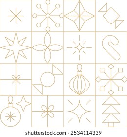 Patrón sin fisuras de Navidades de línea dorada. Navidades geométricas festivas de oro y blanco, año Nuevo, diseño de fondo de vacaciones de invierno con iconos lineales. Estrella minimalista, destellos, adornos rejilla de retazos.