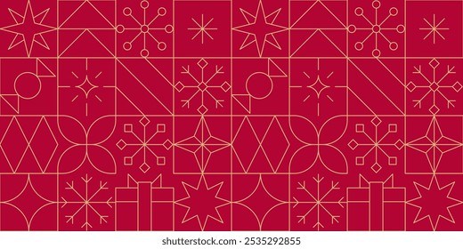 Gold line Christmas seamless pattern with stars, snowflakes and gift boxes. Minimalist geometric festive gold on red Christmas, New Year, winter holidays banner background design with linear icons.