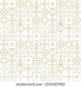 Gold line Christmas seamless pattern with sparkling stars, snowflakes and Christmas ornaments. Minimalist geometric festive gold on white Christmas, New Year, winter holidays linear icons background.